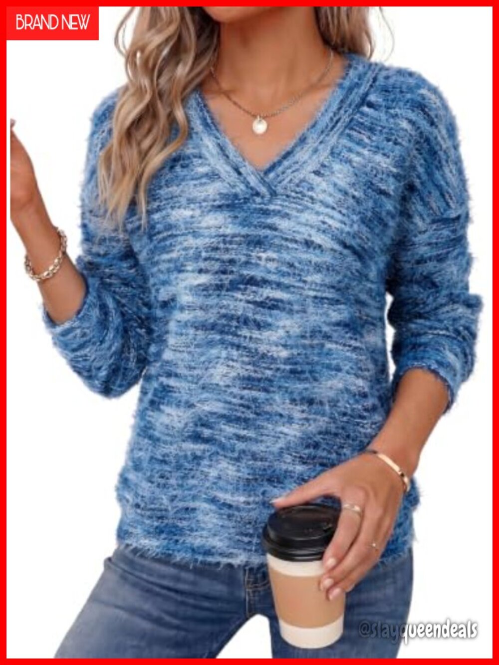 Soft Eyelash Knit Fuzzy V-Neck Pullover Lightweight Long Sleeve Sweater